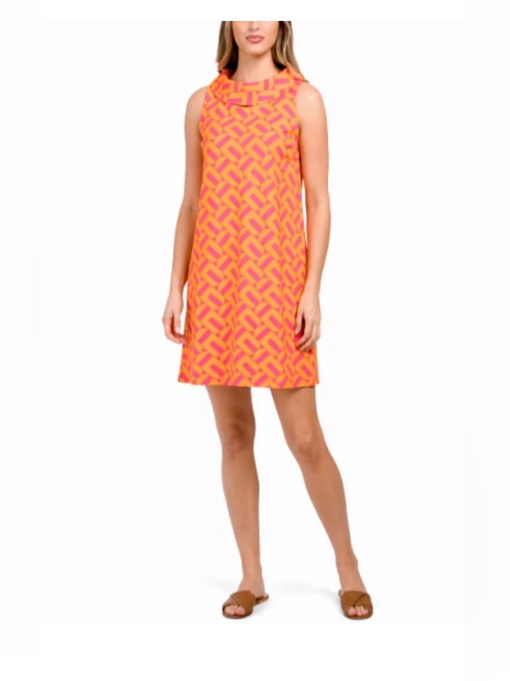 Trina Turk sleeveless shift dress vibrant geometric pattern pink orange SZ Small